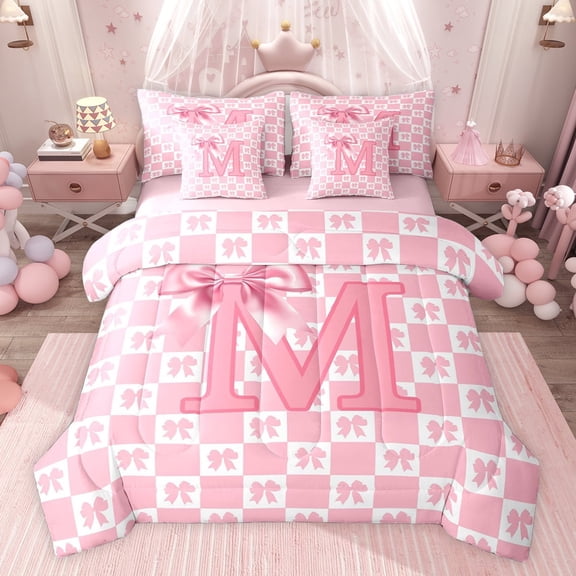 jejeloiu Kawaii Bowtie Plaid 7-Piece Twin Bedding Sets,Pink Letter M Bedding Comforter Set For Bowtie Girls Reversible