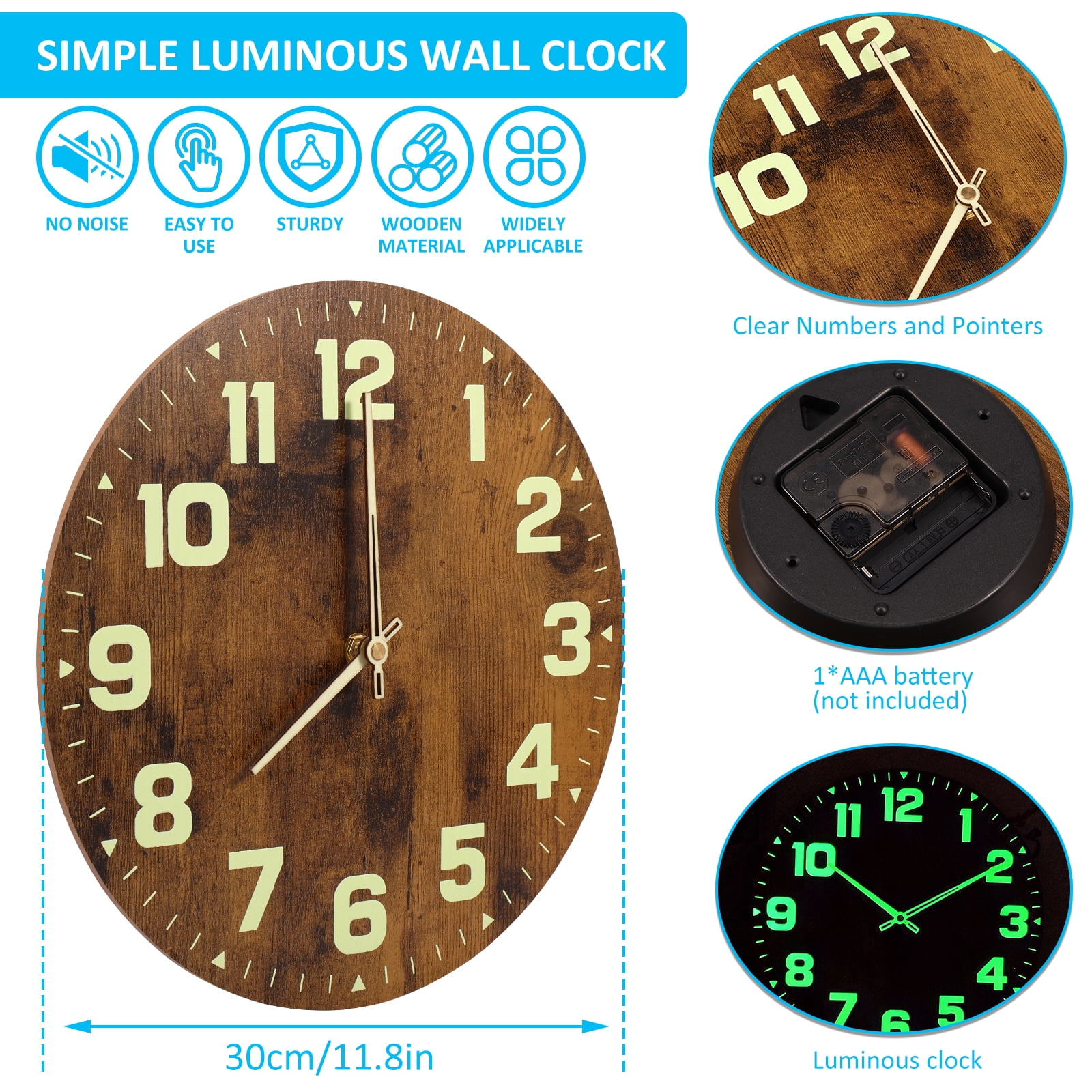 Zeokiar Luminous Wall Clocks Wooden Glow in The Dark Clock 12 inch Silent Non-Ticking Lighted Wall Clock Battery Operated Night Light Clock Home Decoration for Living Room Office Kitchen Bedroom