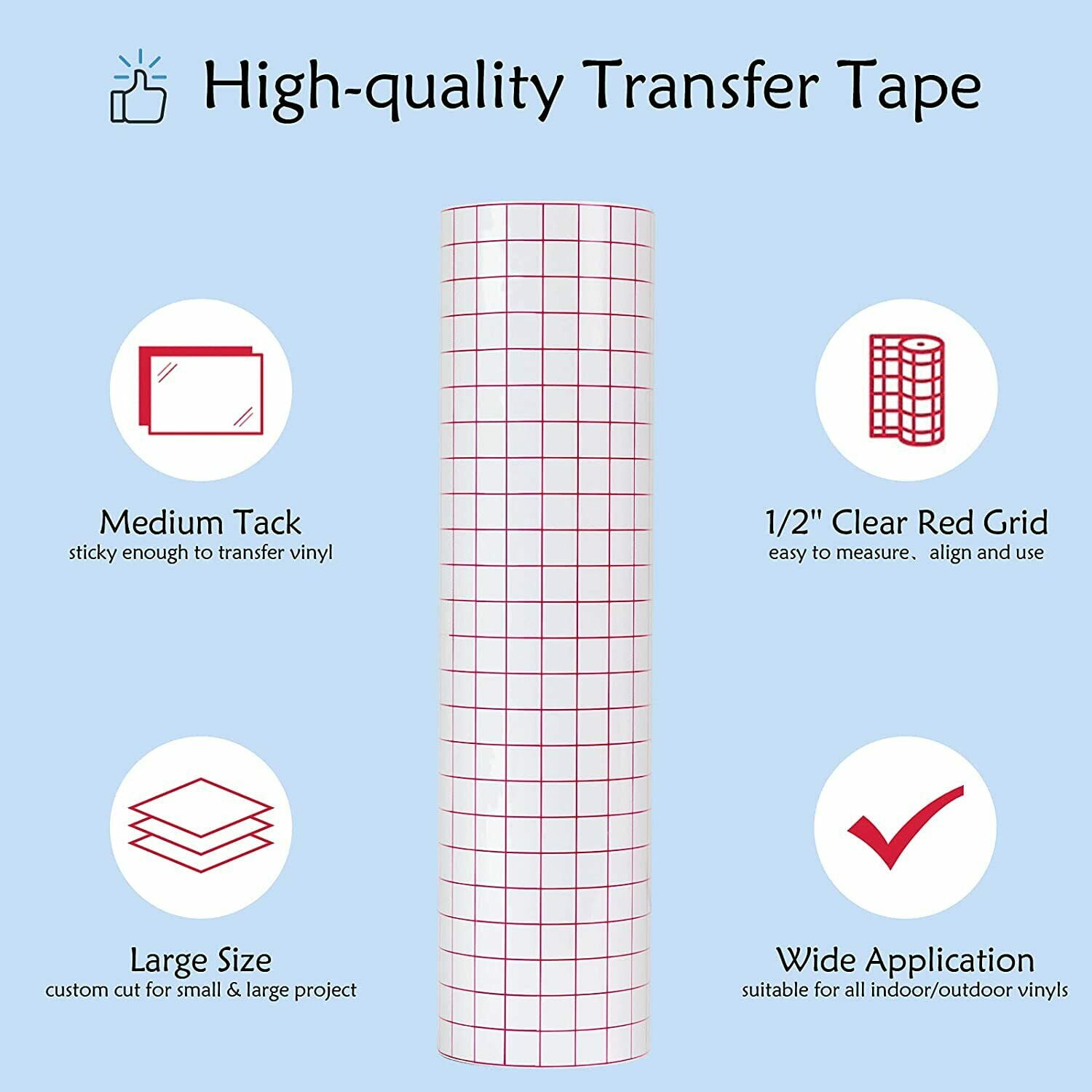 Jarlink Vinyl Transfer Paper Tape, 12 X 50 Feet Transfer Tape Roll With Red  Alignment Grid For Self Adhesive Vinyl, Clear Medium
