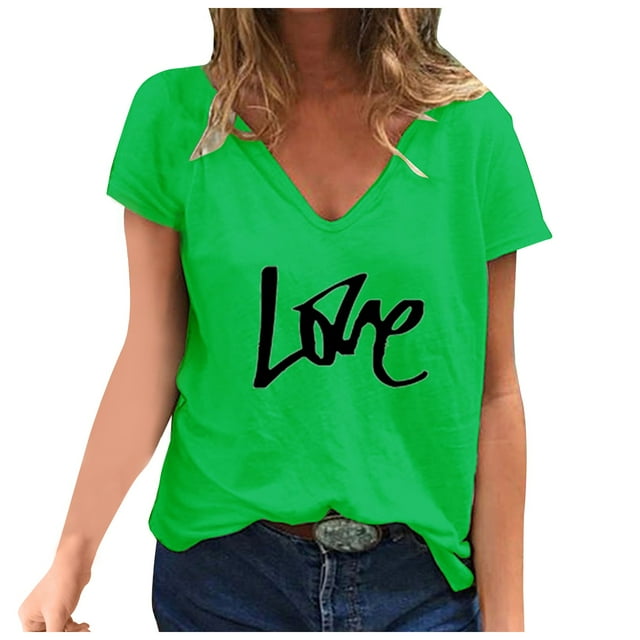Gibobby Blusa Casual de Mujer Camiseta suelta informal con cuello en V para mujer, blusa manga corta con estampado(Verde,XL)