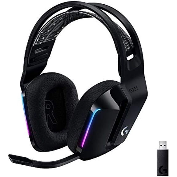 Logitech G733 Lightspeed Wireless Gaming Headset with Suspension Headband, LIGHTSYNC RGB, Blue VO!CE mic Technology and PRO-G Audio Drivers, Lightweight, 29 Hour Battery Life, 20m Range - Black