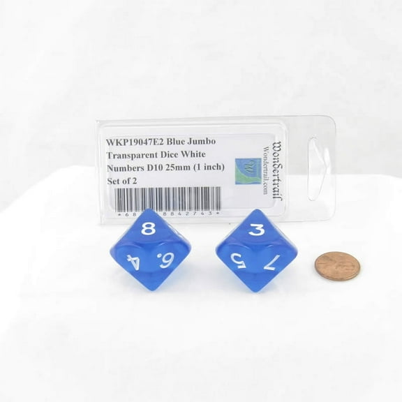 Blue Jumbo Transparent Dice with White Numbers D10 25mm (1 inch) Set of 2 Wondertrail