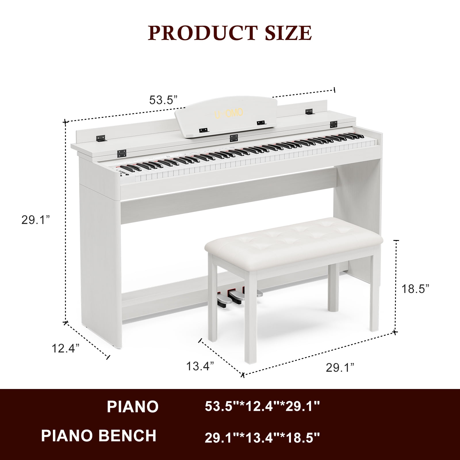 UMOMO 88 Key Digital Piano Keyboard with Piano Bench, Full Size Electric Piano with Piano Stand, Headphone Jack, 3 Pedal, Electronic Piano for Beginner, Adults, White