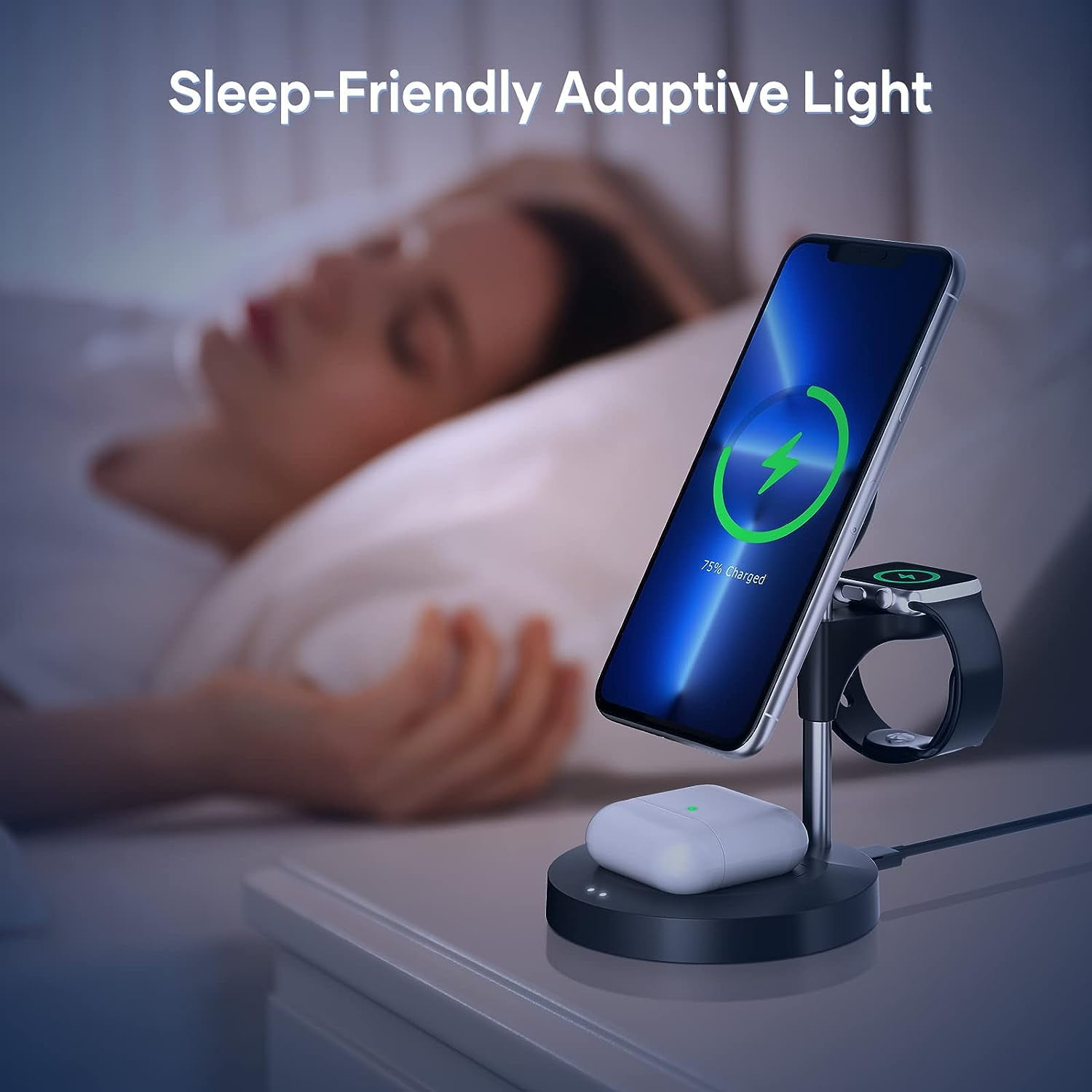 delpattern 3-in-1 Wireless Charger Station, Fast Charging Dock for iPhone 14/13/12, Apple Watch, AirPods (Black)