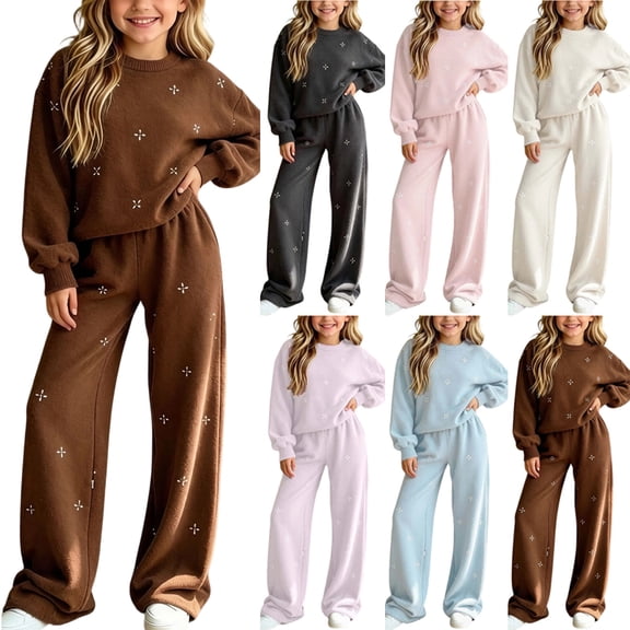 BXJX Girls Knit Outfit Sets Size 7-8 T, Long Sleeve Casual 2 Piece Crew Neck Sweaters and Straight-leg Pants Sets Coffee