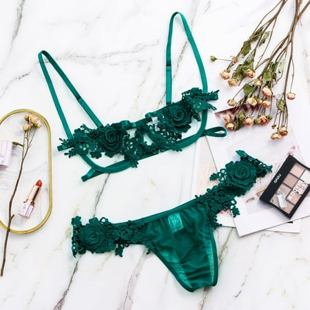 

QWERTYU 2PCS Womens Teddy Lingerie Babydoll Lace Lingerie Set Sexy Cupless Bra and Panty Sets Green L