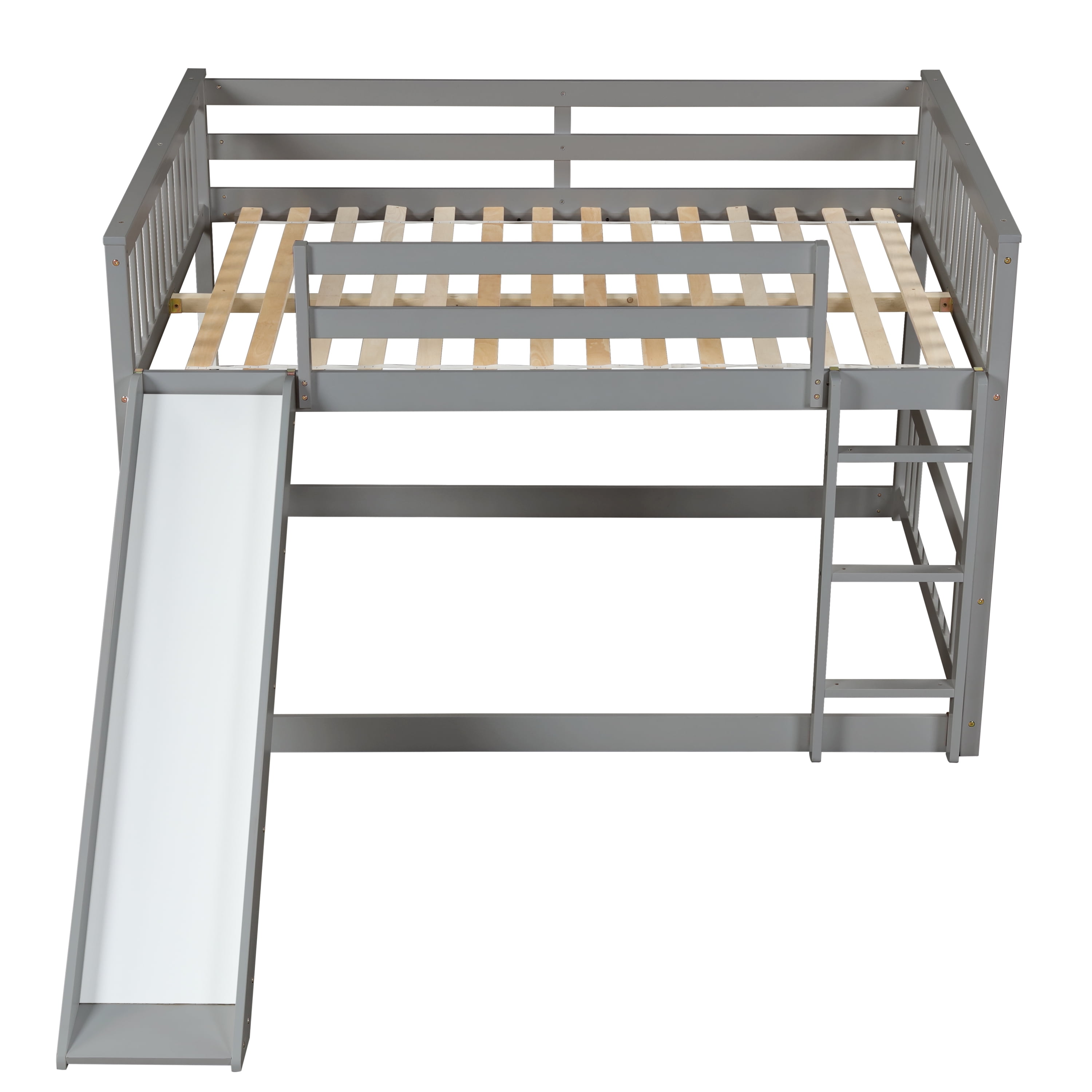 Euroco Full over Full Bunk Bed with Slide for Kids Teens Room, Solid Wood Low Profile Bunk Bed, Gray