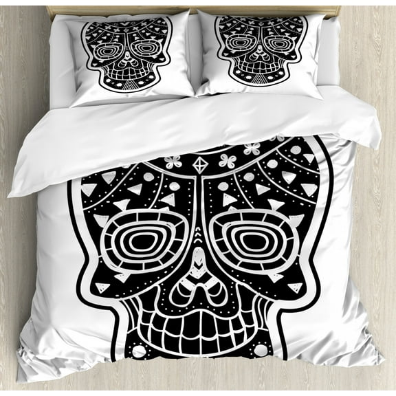 Sugar Skull Queen Size Duvet Cover Set, Tribal Style Skull Figure with Primitive Floral Geometric Ornamentation, Decorative 3 Piece Bedding Set with 2 Pillow Shams, Black and White, by Ambesonne