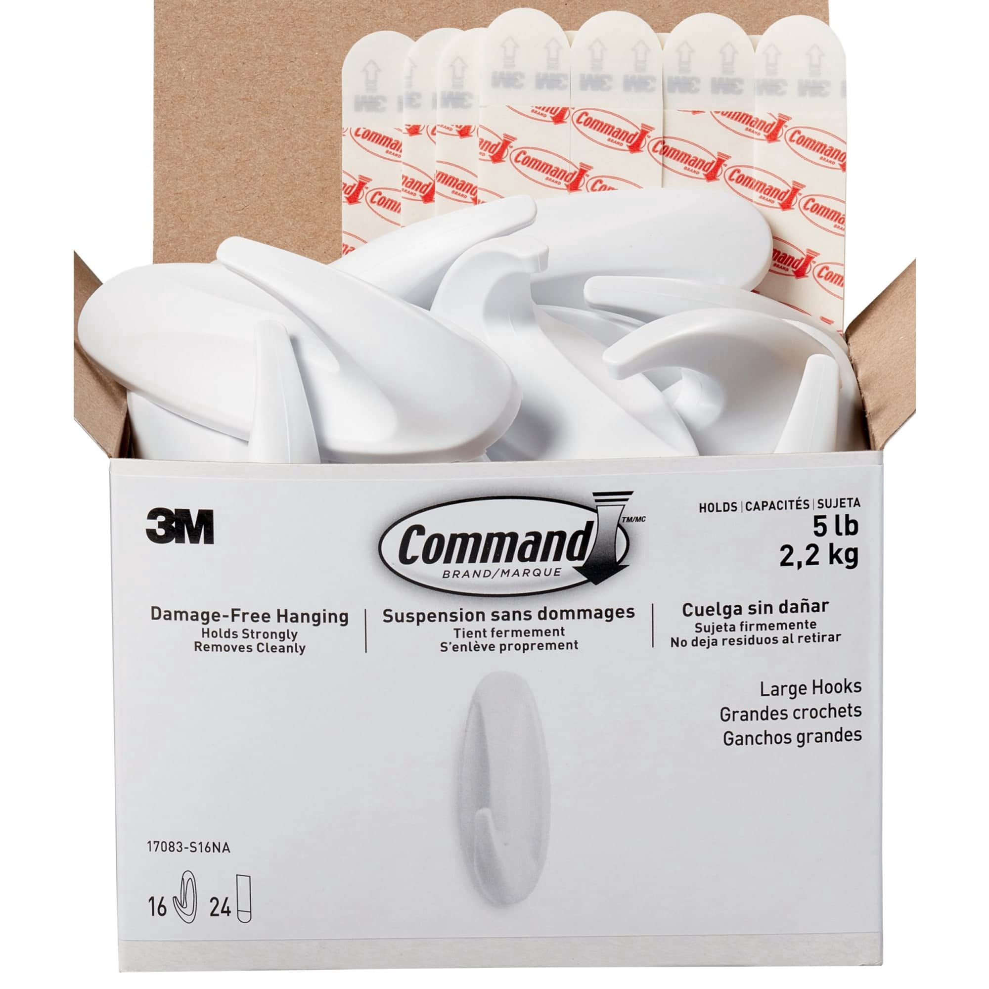Command® Large Wall Hooks, 16 Hooks, 24 White Adhesive Strips, Damage Free Hanging Picture Hangers, No Tools Wall Hanging Strips For Living Spaces
