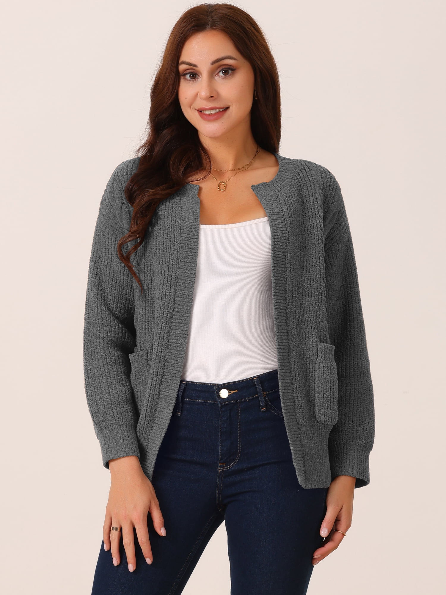DARING DIVA Women's Open Front Knitted Casual Cardigan with Pockets L Dark Grey