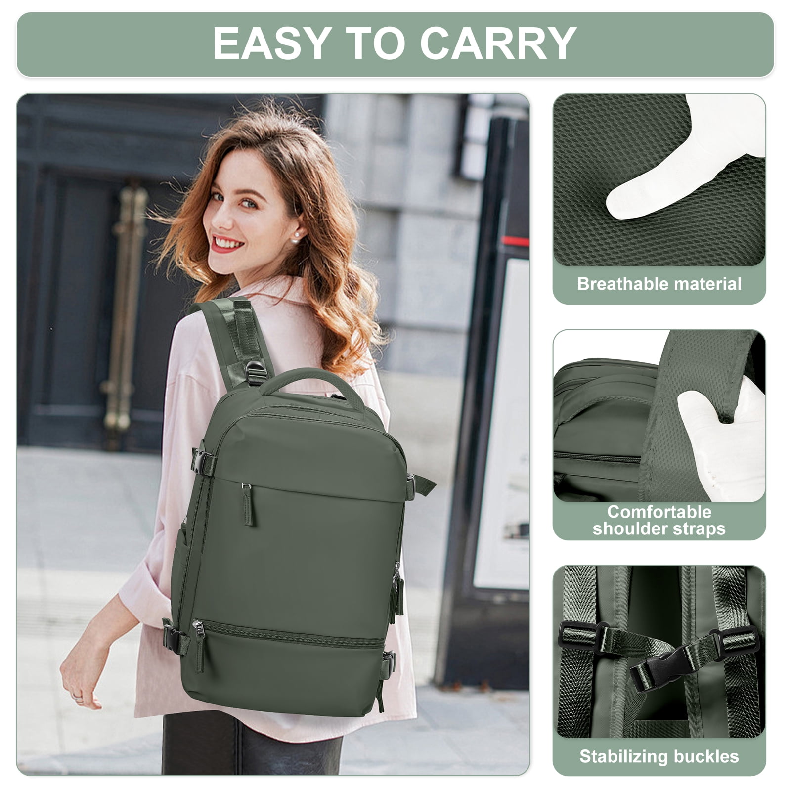 Lightweight Travel Backpack Simple Carry On Backpack with Shoe Compartment, Personal Item Travel Bag Flight Approved, Water Resistant Laptop Backpack for Women Men Weekender Business, Olive Green