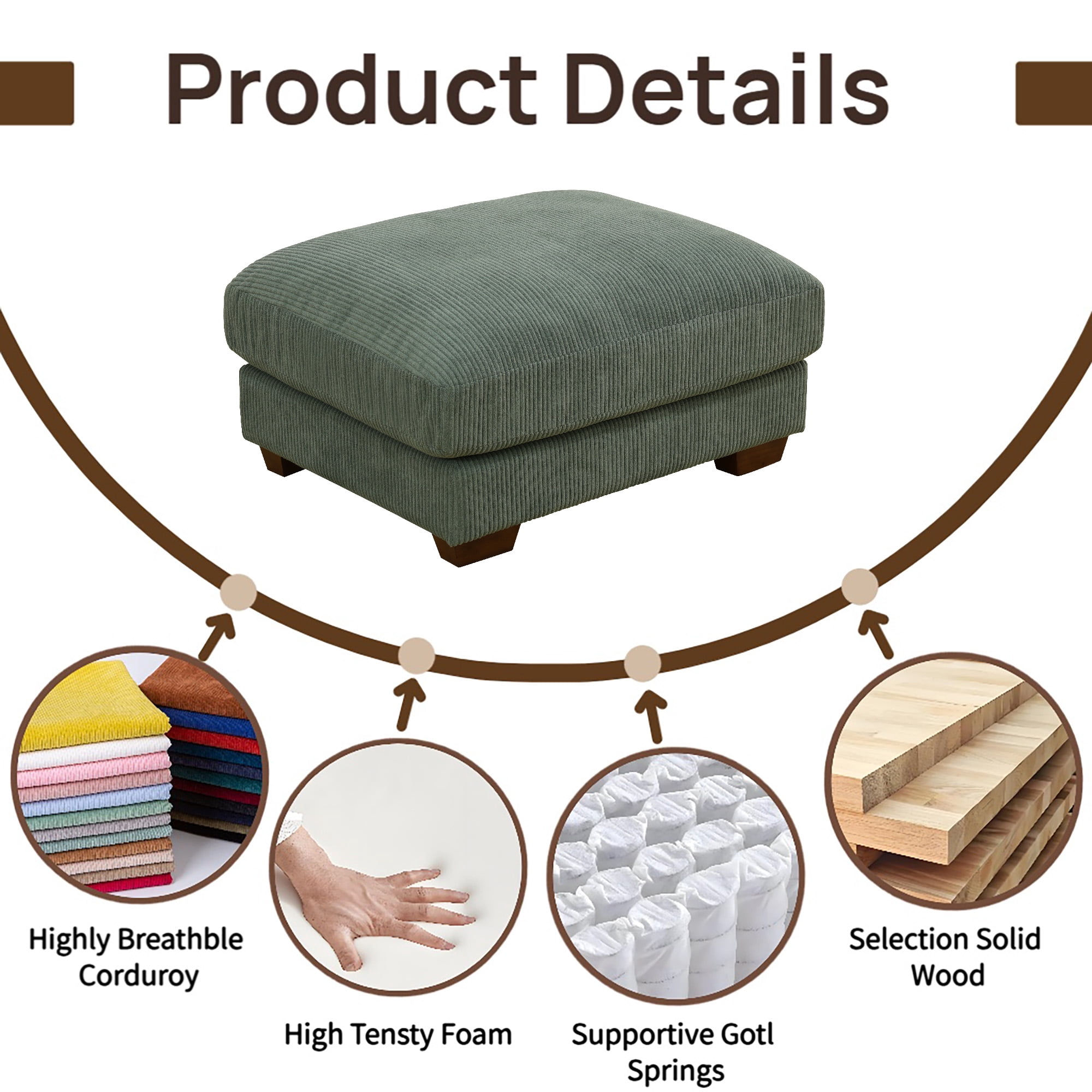 Large Oversized Ottoman Bench for Living Room, No Assembly Needed, Green Corduroy