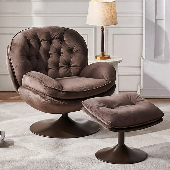 Velvet Swivel Accent Chair with Ottoman for Living Room Bedroom Reading Room, Cozy Lounge Armchair Fluffy Round Tufted Back Adult Gifts for Small Room Lazy Relax Read TV Chair,Brown