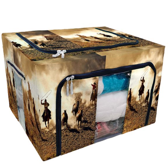 ECZJNT Cowboys chasing wilding horses roping and riding Storage Bag Clear Window Storage Bins Boxes Large Capacity Foldable Stackable Organizer With Steel Metal Frame For Clothes,Closets, Bedrooms