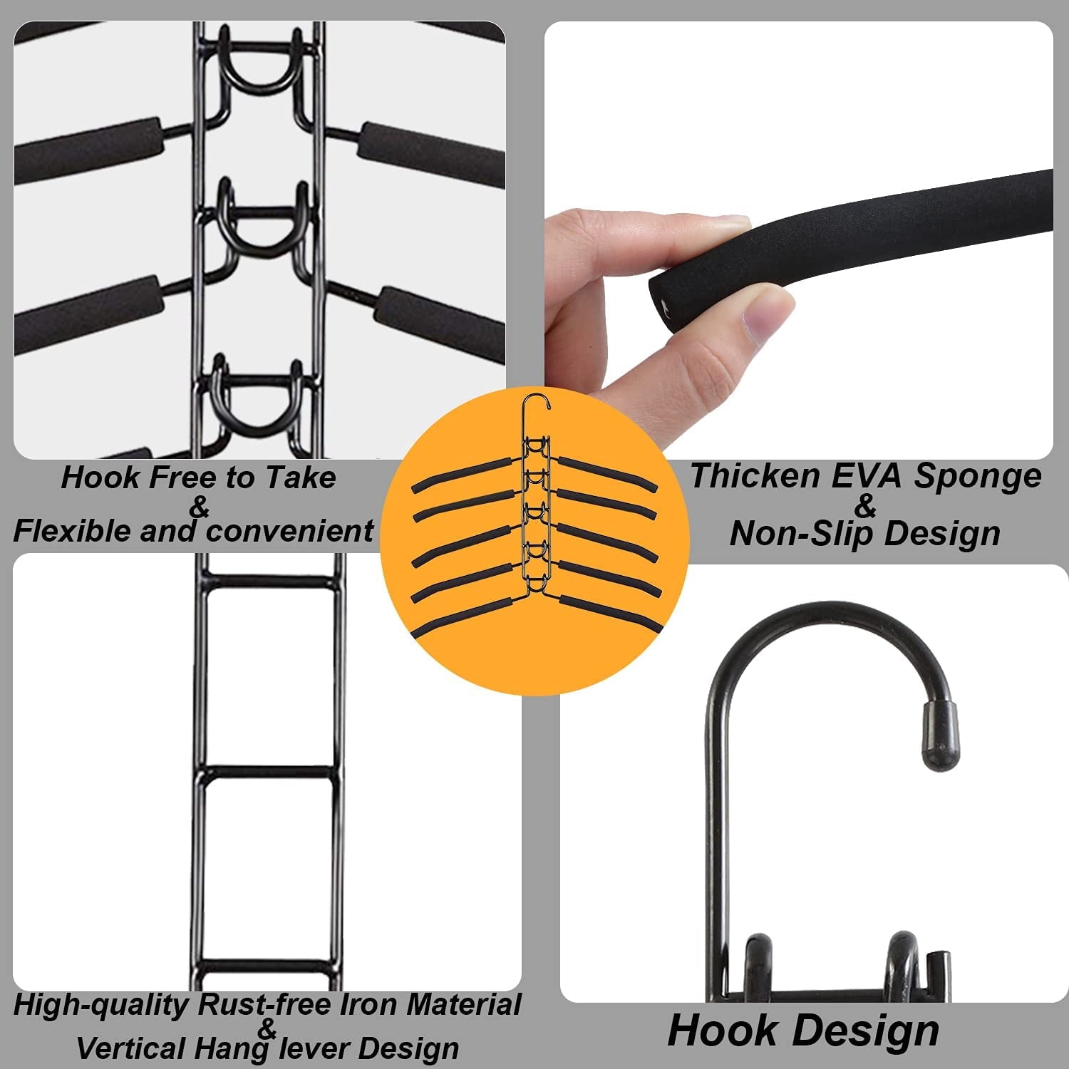 4 Pack 5-in-1 Multi-Layer Closet Hangers, Space Saving Non-Slip Foam Padded Heavy Duty Hanger for Coats, Sweaters, Suits & Shirts, Closet Organizer Storage