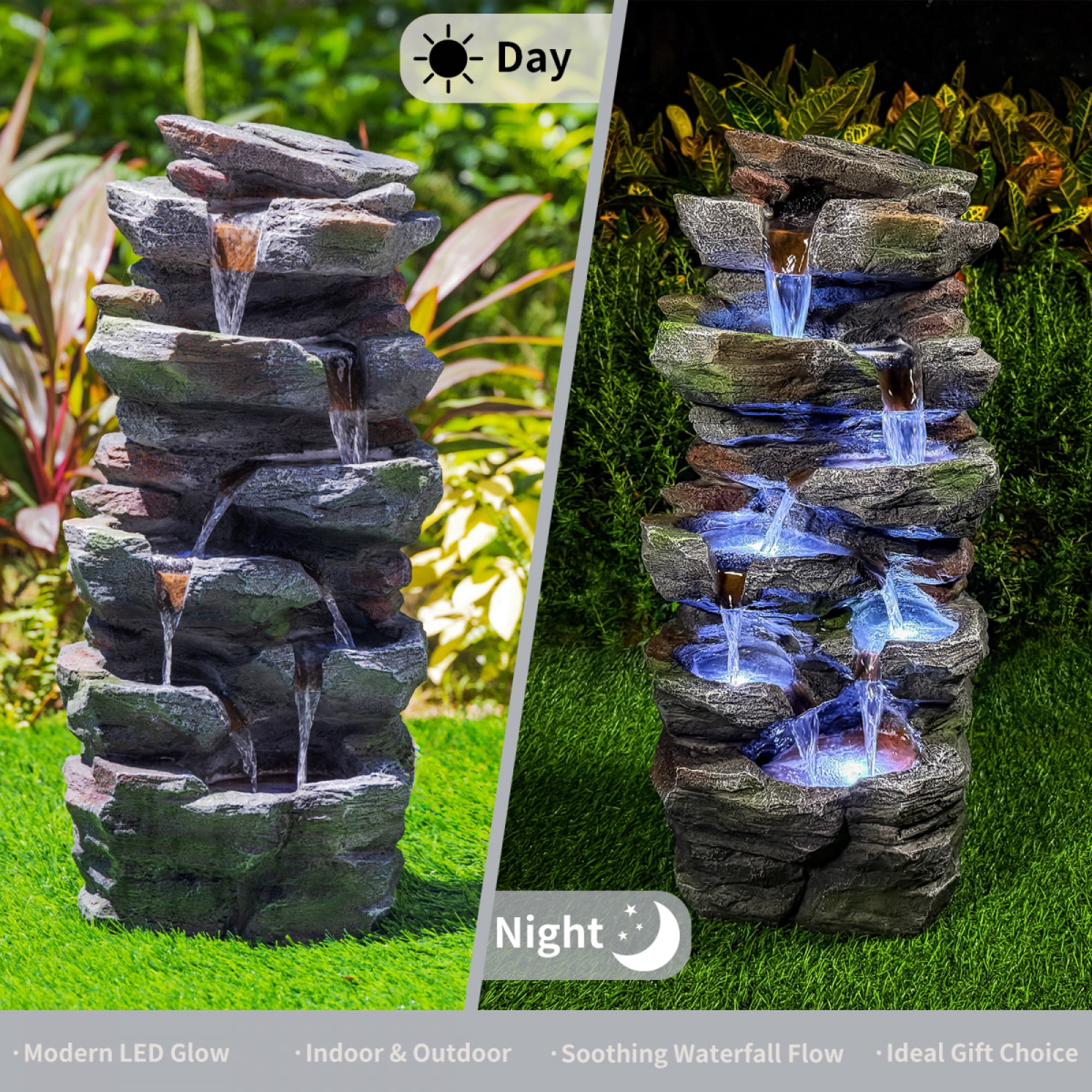 24" Outdoor Rock Waterfall Fountain with Cool LED Lights, 5-Tier Cascading Resin Water Feature for Serene Garden, Patio, Backyard and Porch Decor