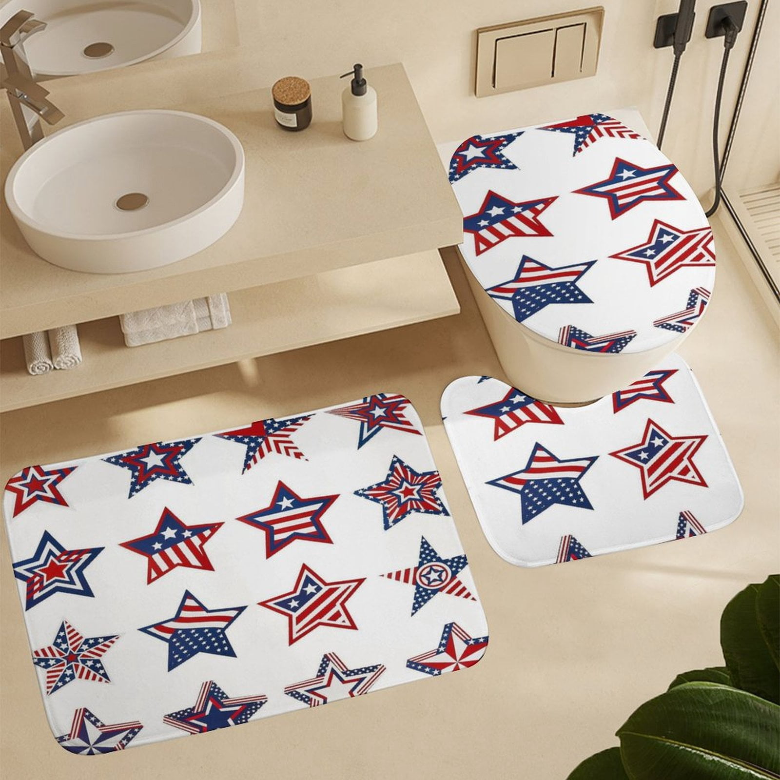 4th of July 4Pcs Shower Curtain Set Shower Curtain Set with Carpet Bath Mat