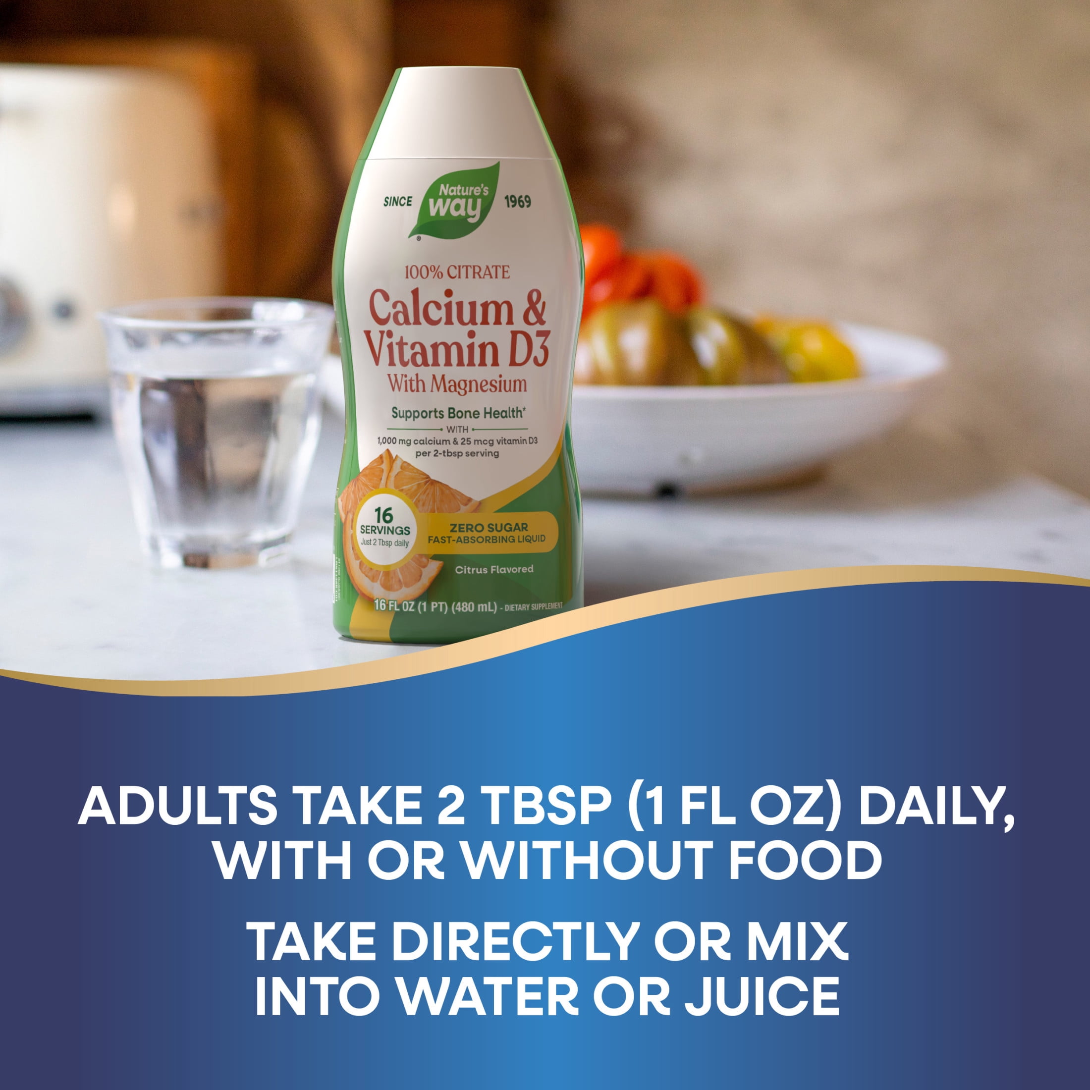 Nature's Way Calcium & Vitamin D3 with Magnesium Liquid, Bone Health*, Citrus Flavored, 16 fl oz