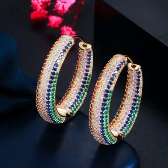 Rainbow Colorful CZ Big Round Hoop Earrings for Women Brides Black Gold Jewelry