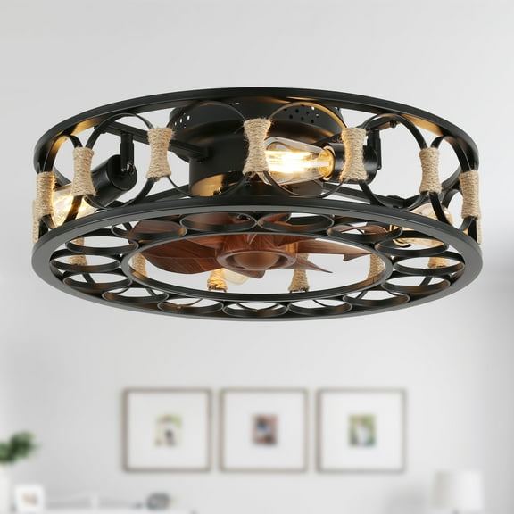 Cusp Barn 20'' Flush Mount Caged Ceiling Fan with Remote Control, Farmhouse Rustic Low Profile Ceiling Fans, 4-Light Vintage Enclosed Lighting Fixture