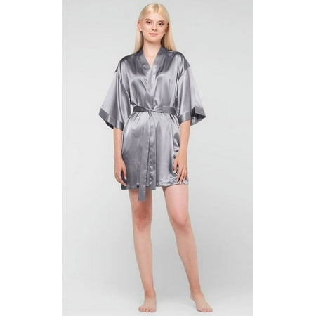 Kimono robes for Women Satin Silk lingerie robe  Short V-Neck For Female Sleepwear Loungewear bridal party bridesmaid wedding - Gray - Large