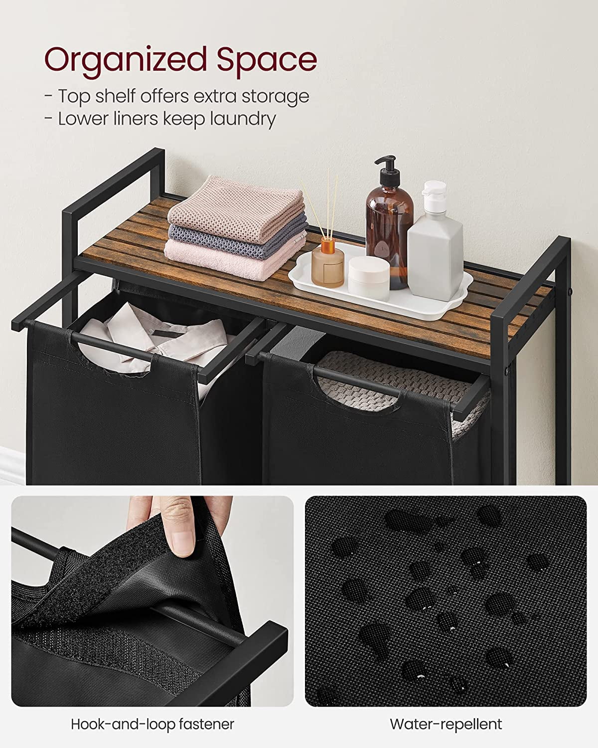 46L Laundry Hamper with Shelf Laundry Basket Laundry Sorter with 2 Pull-Out and Removable Bags Shelf Rustic Brown and Black