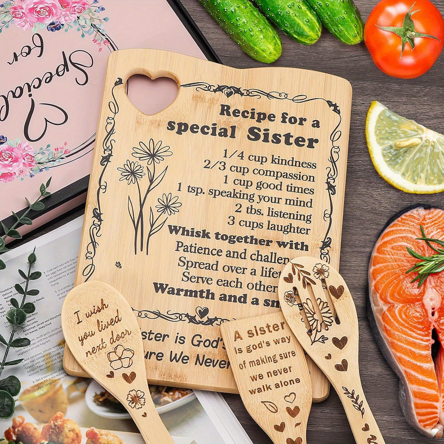 4PCS Personalized Cutting Board Set, Customized Bamboo Wood Kitchen Board with Utensils, Housewarming Gifts New Home, Laser Engraved Utensil Set, Best Friend Cutting Board, Engraved Custom Gifts