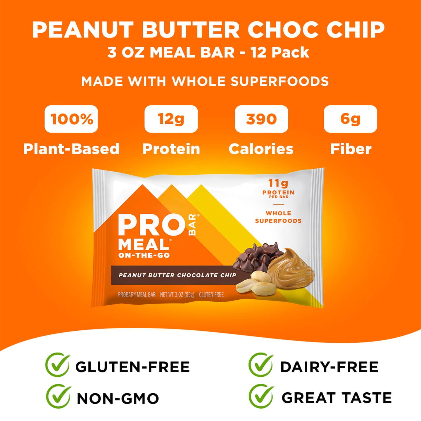 PROBAR - MEAL Bar, Peanut Butter Chocolate Chip - Natural Energy, Non-GMO, Gluten-Free, Plant-Based Protein, 12 Count
