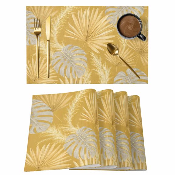 Gold Monstera Leaf Placemats Set of 12, Summer Tropical Vintage Pastoral Leaves Non-Slip Place Mats Washable Table Mats for Kitchen Dining Table Decorations Indoor/Outdoor