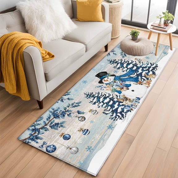 Blue Christmas 2'x6' Runner Rugs for Hallway Kitchen Bedside Non Slip Washable, Snowman Xmas Tree Balls Snowflake Vintage Entryway Rug Runners with Rubber Backing, Long Carpet Runner for Laundry Room