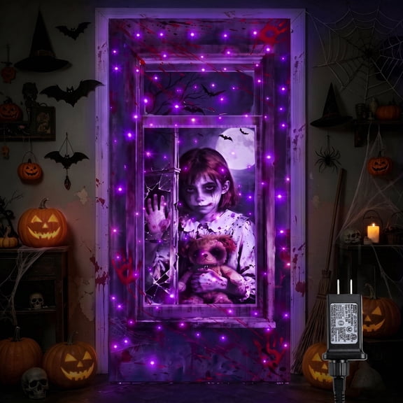 Ceevoo Halloween Decorations Indoor, 38"x82" Spooky Halloween Door Cover with Purple Lights for Outdoor Haunted Home Wall Party
