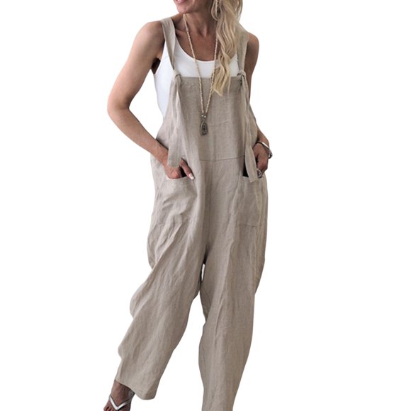 Women's Sleeveless Linen Wide Leg Jumpsuit Rompers Overalls Harem Pants