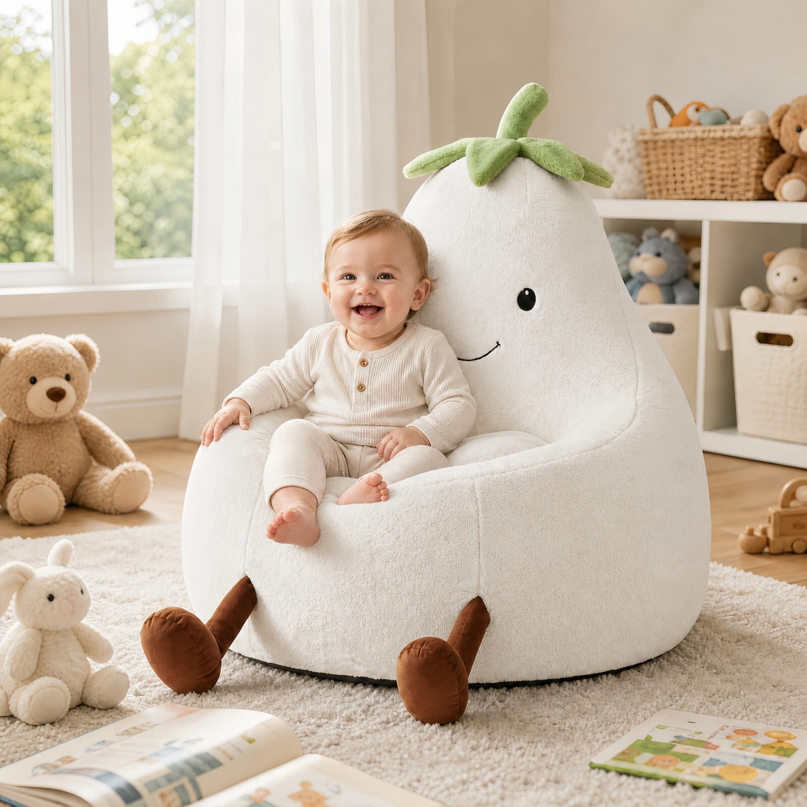 Kelno 31" Kids Bean Bag Chair Faux Rabbit Fur Lazy Chair Toddler Couch, Beige