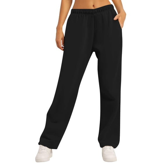 WTOBBY Women's Winter Fleece Sweatpants, Solid Color Wide Leg Straight Casual Pants, Thermal Loose Fit Comfort Joggers for Cold Weather,Black L