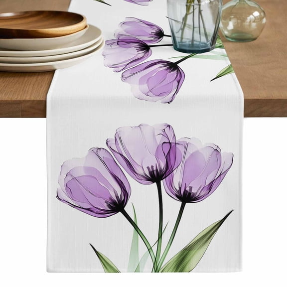 Purple Tulip Table Runner, Modern Blossom Pastel White Floral Petal Washable Cotton Linen Table Runners 72 Inches Long, Dresser Scarf Runner for Dining/Coffee/Kitchen/TV Stands/Cabinets 13''x72''