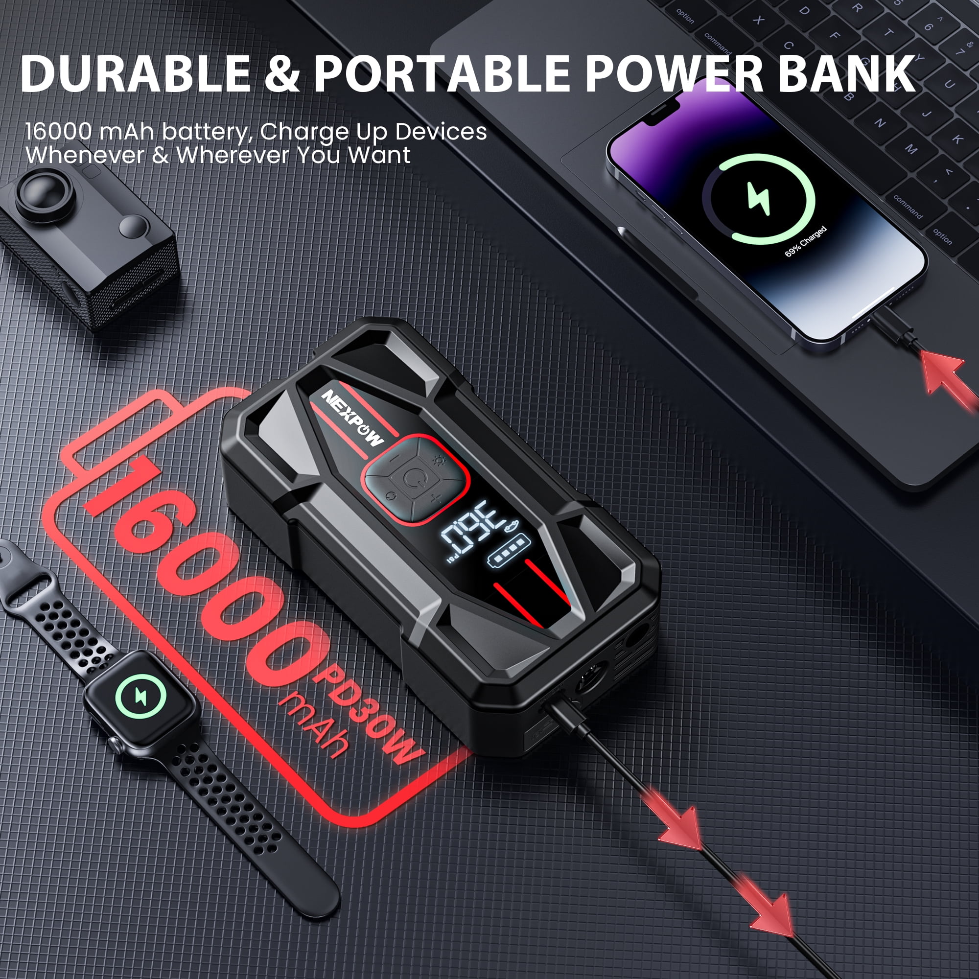 NEXPOW 3000A Jump Starter with Air Compressor, 150 PSI Digital Tire Inflator, 16000mAh PD 30W Fast Charge, 12V Battery Booster Power Bank for 8.5L Gas/6.5L Diesel