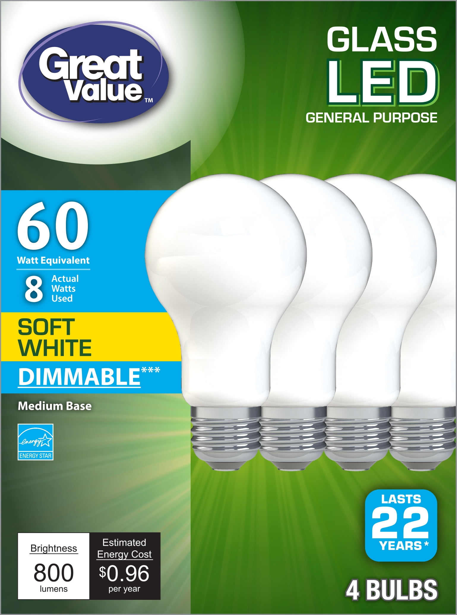 Great Value A19 Frosted General Purpose LED Light Bulb, 60W Replacement, Soft White, 4-Pack