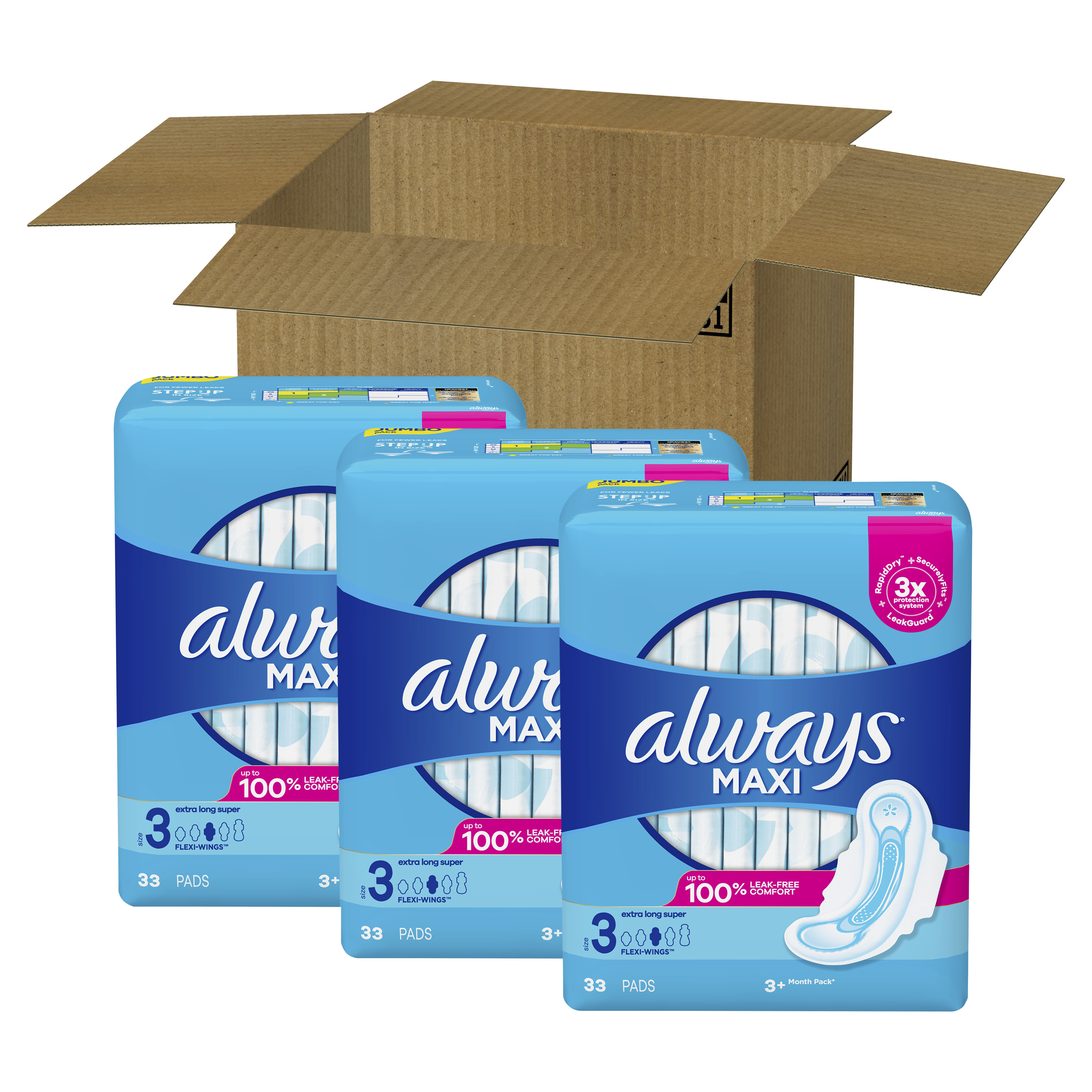 Always Maxi Pads Size 3 Extra Long Super Absorbency Unscented With 