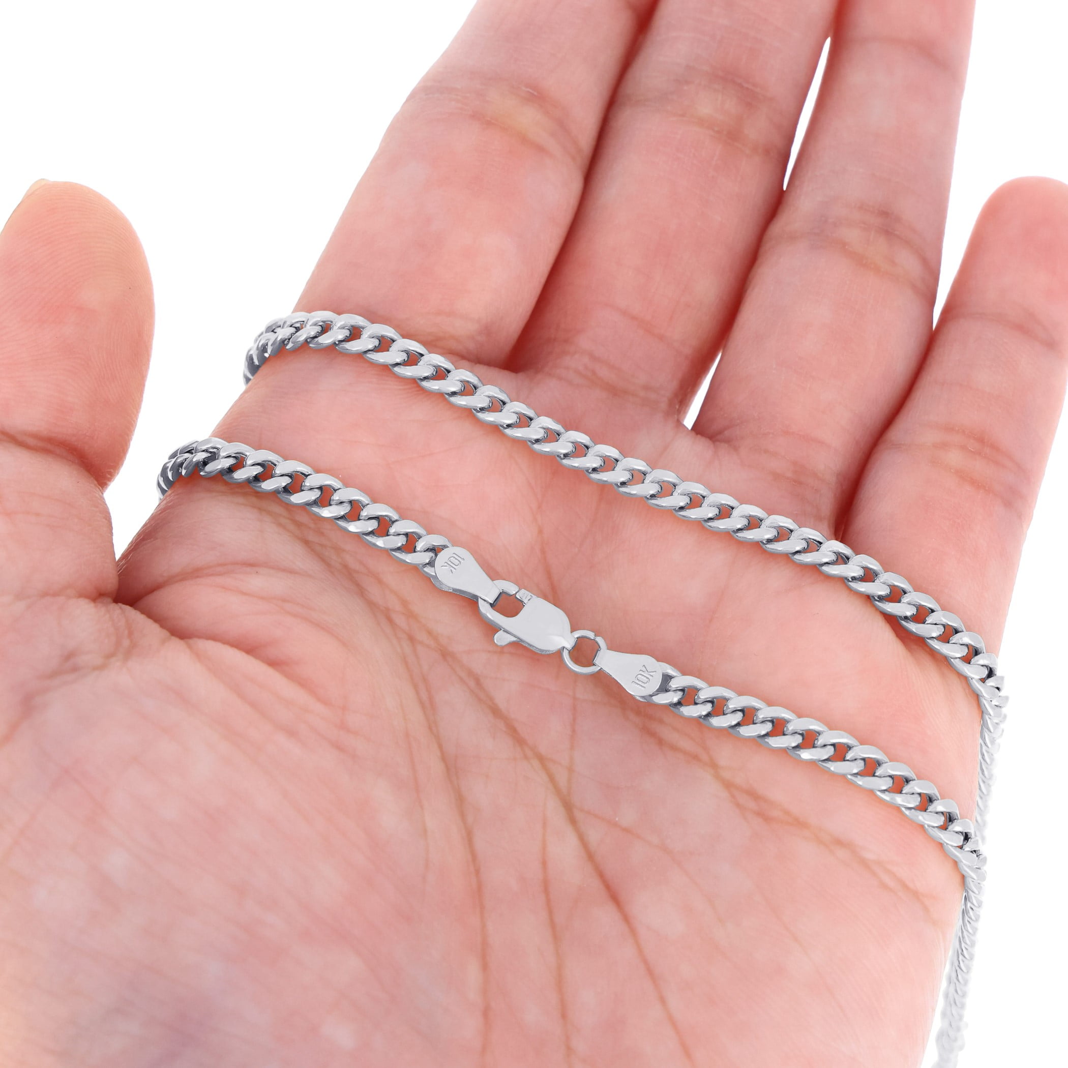 Nuragold 10K Real White Gold Miami Cuban Link 3.5mm Chain Necklace (16"-30") Italian Jewelry for Men & Women