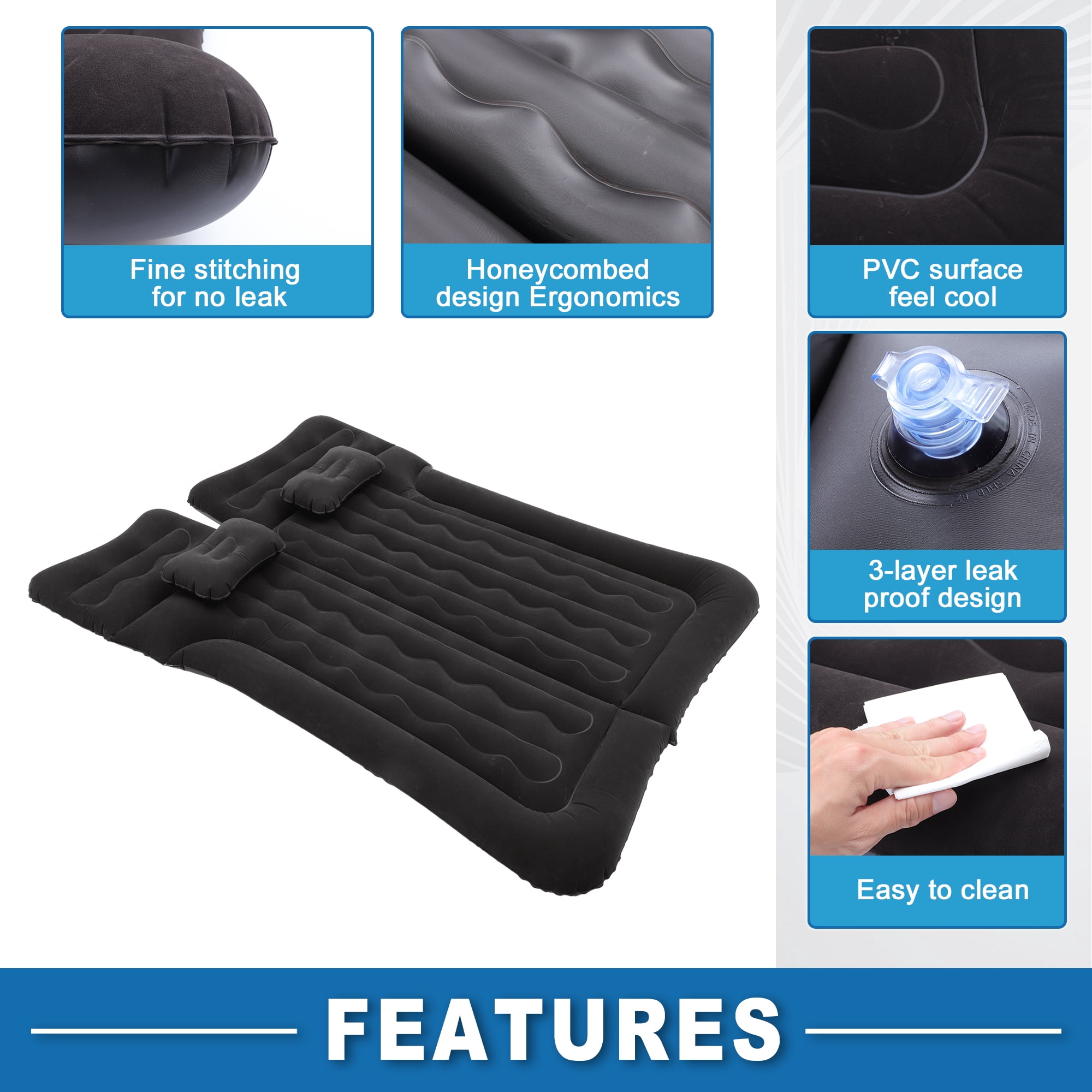 1 Set Car Air Mattress Camping Bed Air Bed Mat Sleeping Mat with Pillows for Car Travel Camping Black