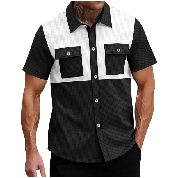 Camisas Casuales de Manga Corta con Botón, Solapa de Colores de Coincidencia con Bolsillos Dobles para la Moda, Al Aire Libre Y el Desgaste Casual