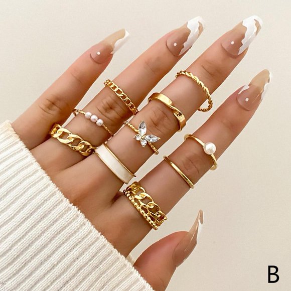 Fashion Butterfly Crystal Pearl Rings Set Women Finger Rings Jewelry[