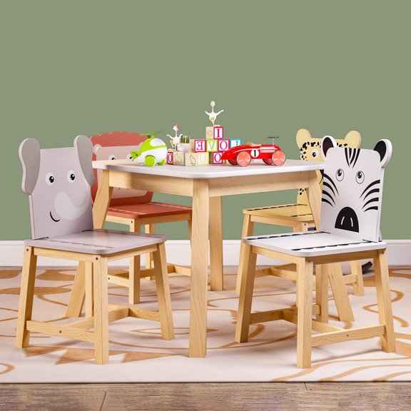 Kids Wood Table and 4 Chairs Set, 5 Pieces Table and Chairs Set for Toddlers, Home Activity Table and 4 Multicolor Cartoon Animals Chairs, for Writing, Reading, Drawing, Arts, Crafts, D5425
