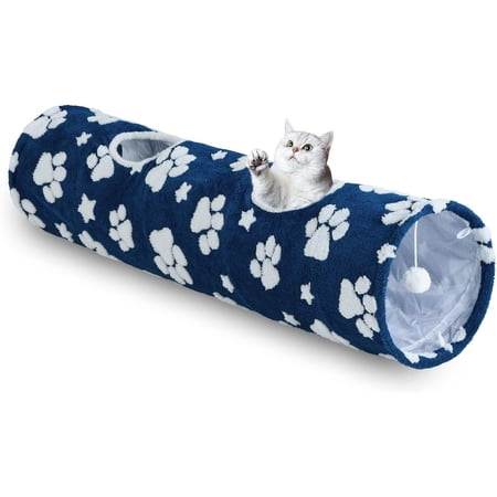 Straight Tunnel for Indoor Cats "x12", Cute Toys Collapsible Tunnel Tube with Balls for Puppy Kitten , Blue Paw