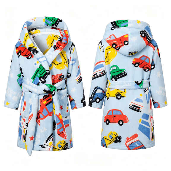 LYMAYTER Hooded Bathrobe for Toddler Boys Cartoon Car Print Robe Soft Warm Bathrobe With Pockets 2-12Y