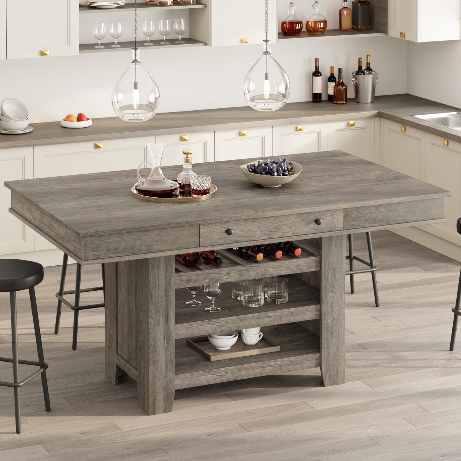 60" Counter Height Dining Table for 4, 36 in W Wood Bar Height Dining Room Table with 2 Drawer & Shelves, Deepened Wine Rack, Thick & Large Table Top for Kitchen, Bar, Rustic Gray