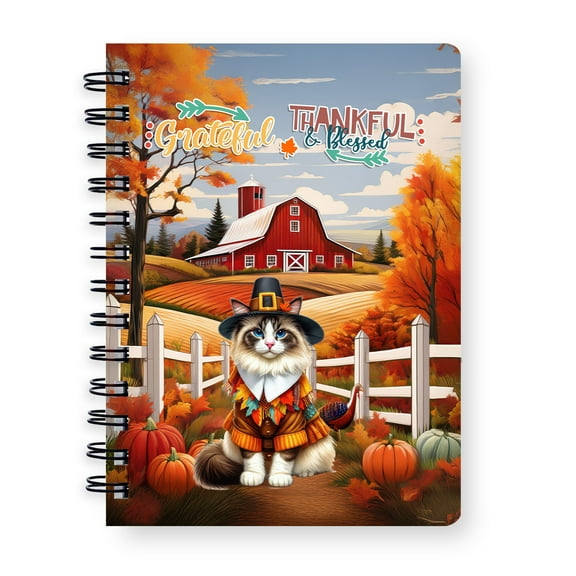 Thanksgiving Ragdoll Pilgrim Grateful, Thankful, Blessed Fall Welcome Spiral Bound Journal Cat Lover Kitten Owner Gifts Idea 5x7in Spiral Notebook - 00021