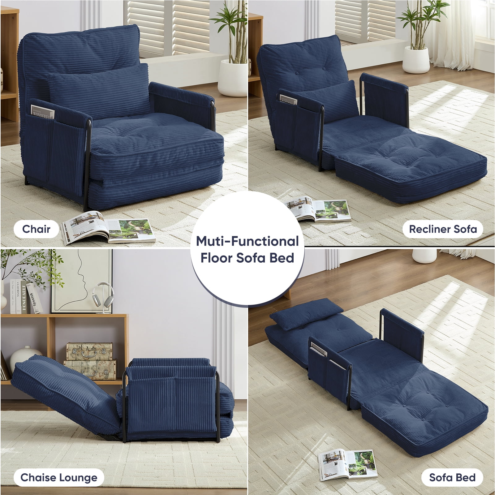 BALUS Futon Folding Sofa Bed, 4-in-1 Floor Couch with Foldable Mattress, Convertible sofa beds for Living Room, Corduroy, Dark Blue