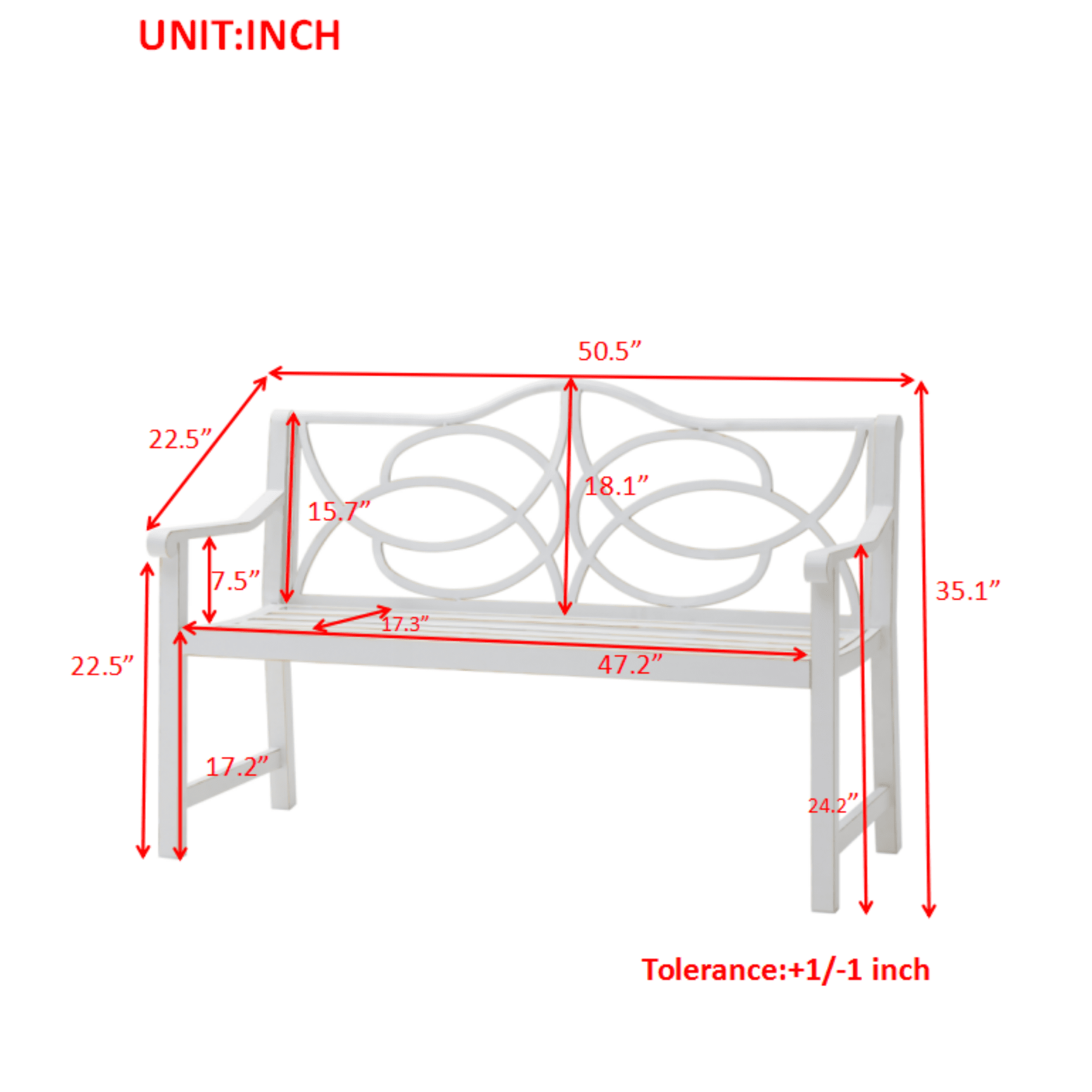 Outdoor Garden Patio Bench, Iron Metal Steel Frame Park Bench with Backrest for Park Yard Porch, White