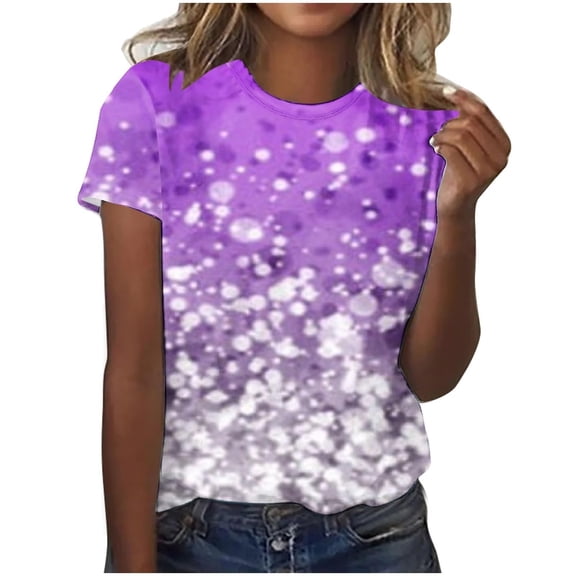 Womens Tops Short Sleeve Sequin Print Fashionable Round Neck Casual T Shirt Fashion Clothes Blouses Dressy Casual Women